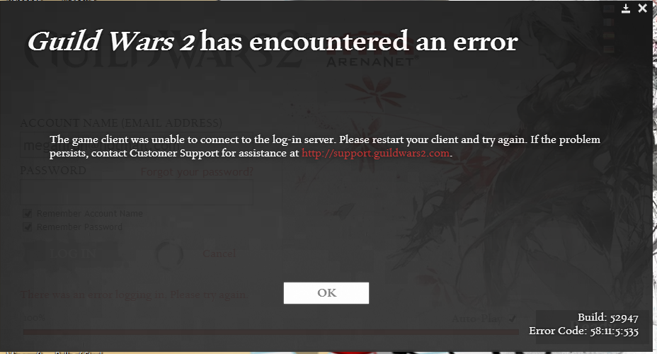The game was encountered. Game client. Guild Wars 2 there was an Unspecified Error. Please try again.. The client agent has encountered an Error.
